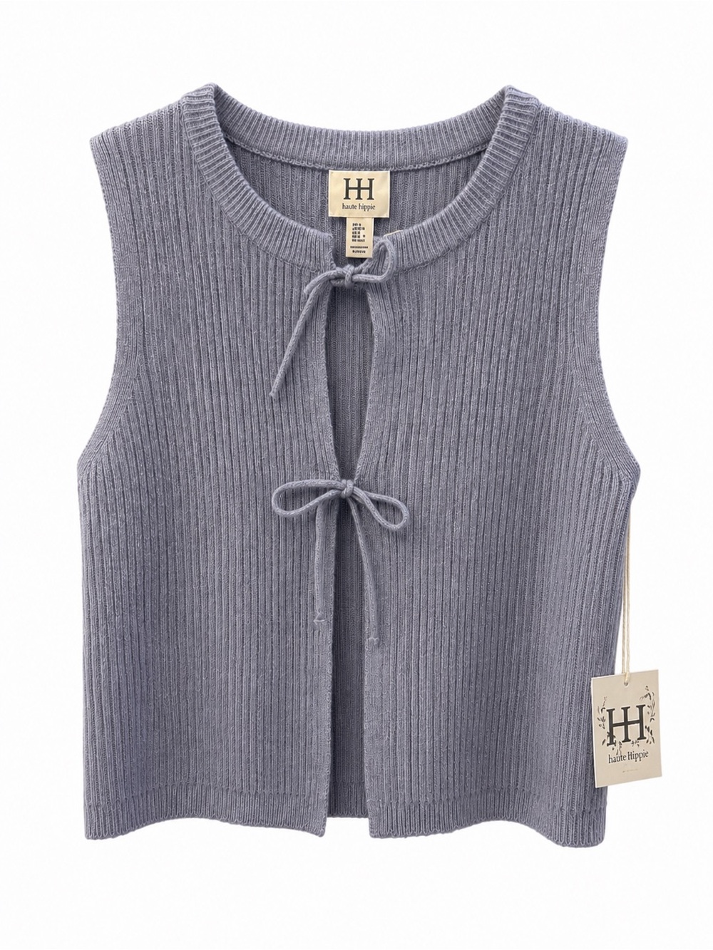 Haute Hippie Ribbed Tie-Front Knit Vest - Dusty Blue Gray